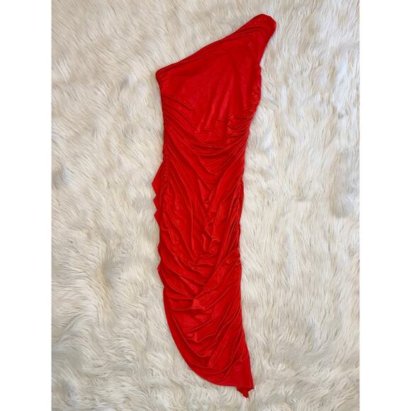 ZARA Asymmetric One Shoulder Draped Ruffle Bodycon Midi Dress in Red - Picture 8 of 11